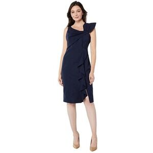 Marina Navy Bow Shoulder Ruffle Sheath Dress Size 10 NWT